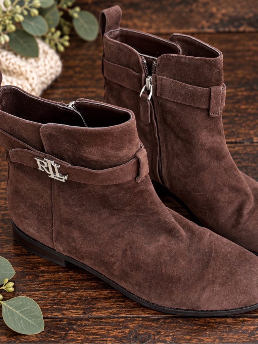 Lauren Ralph Lauren Brown Suede Ankle Booties with RL Logo